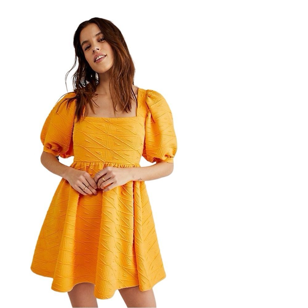 Free People NWOT Violet Babydoll Mini Dress Carrot Ginger Orange Puff Sleeve S